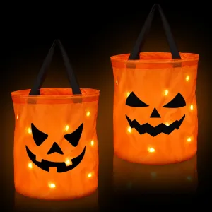 2 Pieces LED Halloween Candy Bags Light Large Halloween Party Pumpkin Ghost Bags Collapsible Trick or Treat Bags Multipurpose Reusable Halloween Bucket for Kids Birthday Party Goodie Goody, Orange