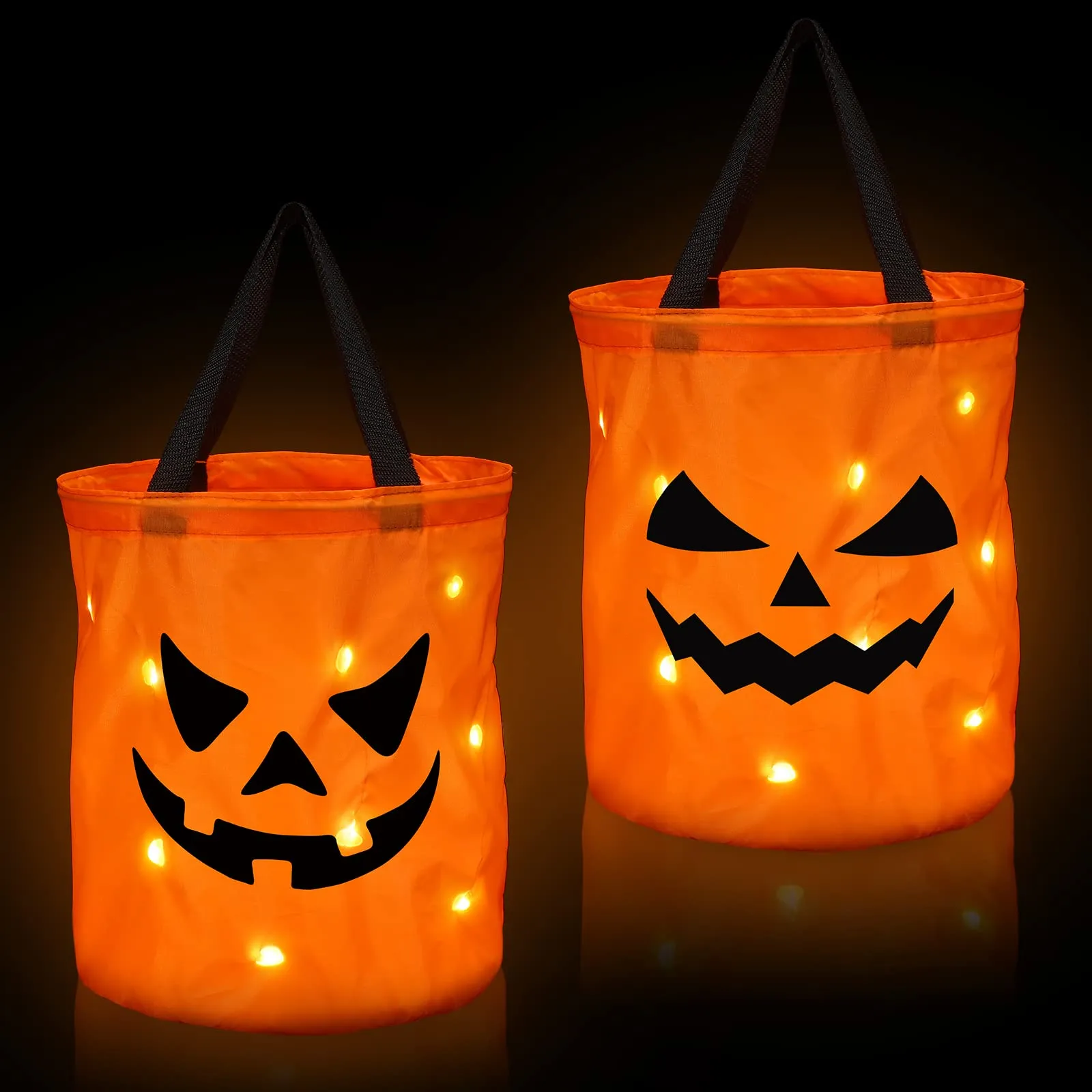 2 Pieces LED Halloween Candy Bags Light Large Halloween Party Pumpkin Ghost Bags Collapsible Trick or Treat Bags Multipurpose Reusable Halloween Bucket for Kids Birthday Party Goodie Goody, Orange