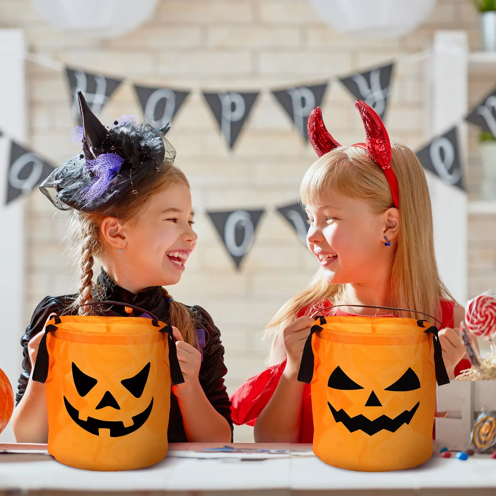 2 Pieces LED Halloween Candy Bags Light Large Halloween Party Pumpkin Ghost Bags Collapsible Trick or Treat Bags Multipurpose Reusable Halloween Bucket for Kids Birthday Party Goodie Goody, Orange
