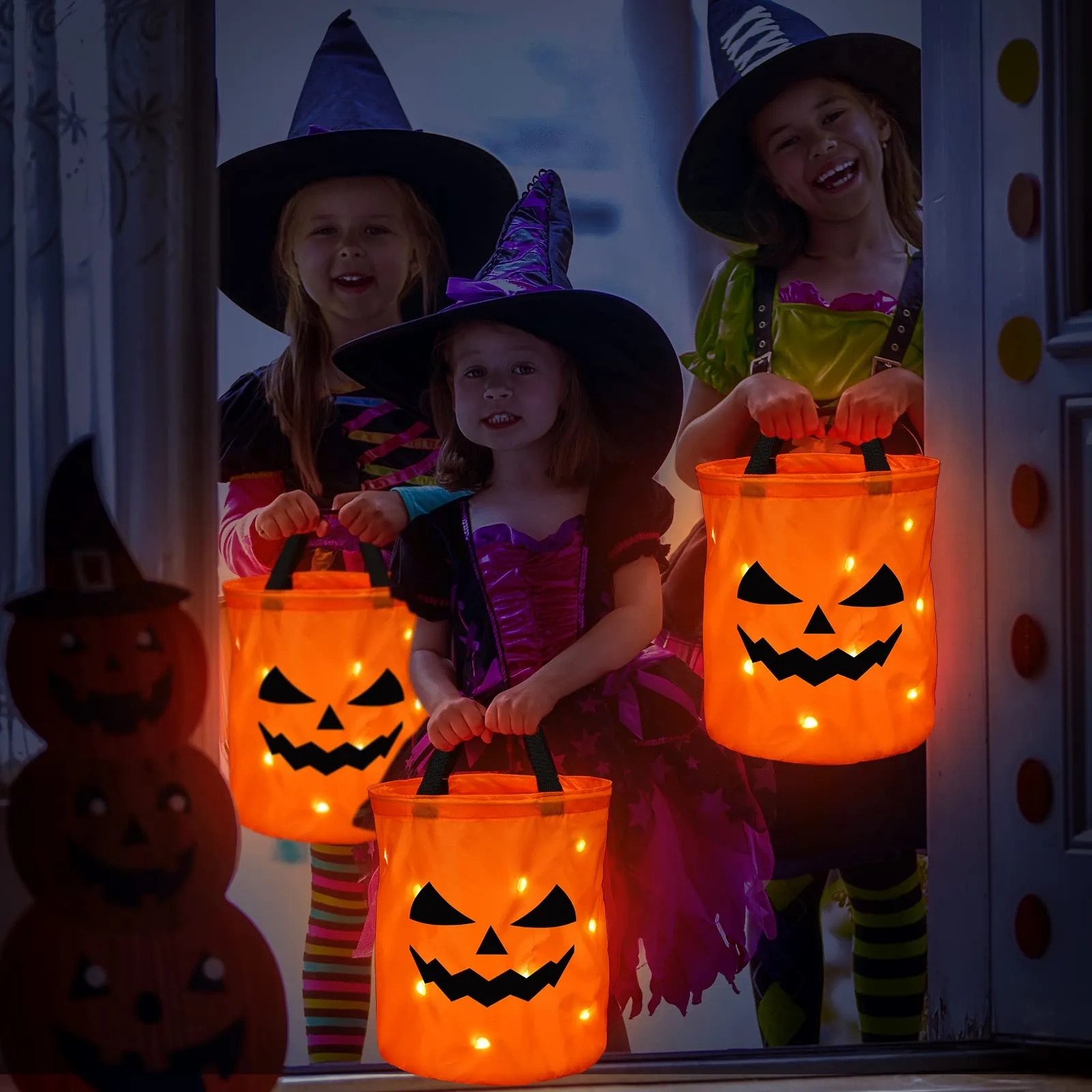 2 Pieces LED Halloween Candy Bags Light Large Halloween Party Pumpkin Ghost Bags Collapsible Trick or Treat Bags Multipurpose Reusable Halloween Bucket for Kids Birthday Party Goodie Goody, Orange