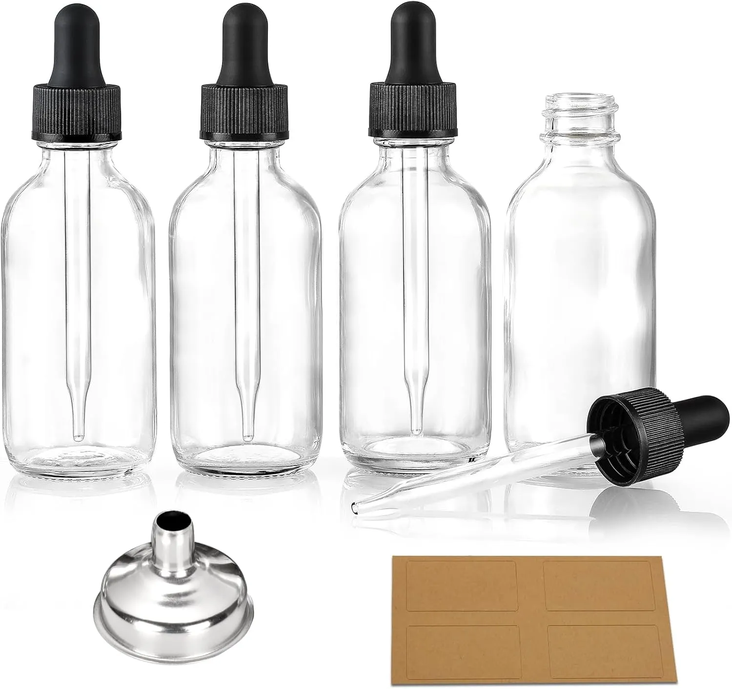 4 Pcs, 1 Oz Golden Cap Clear Dropper Bottles (30Ml) with 1 Funnel & 4 Labels - Glass Tincture Bottles with Eye Droppers - Leakproof Essential Oil Bottles for Health, Personal Care & Beauty