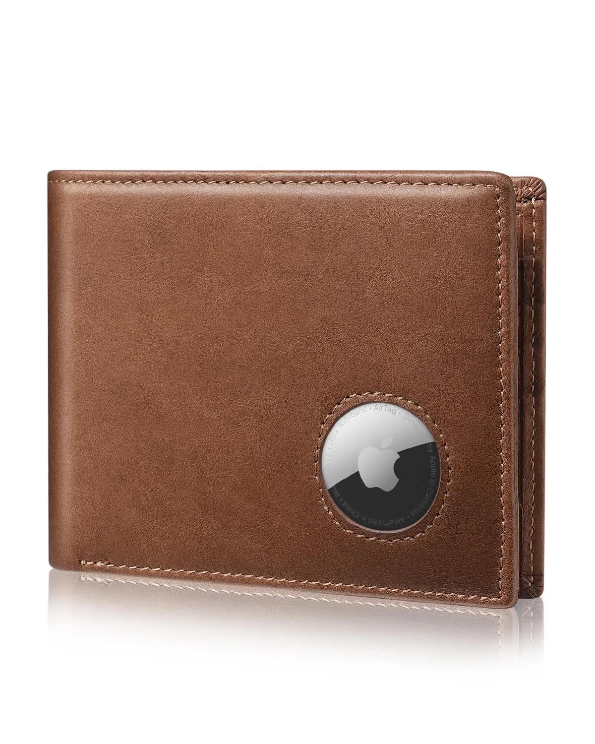 AirTag Wallet for Men Genuine Leather Bifold Wallet with AirTag Holder RFID Blocking Wallet With 2 ID Window and 12 Cards Holders Gift Box (Airtag Not included) (Caramel Brown)