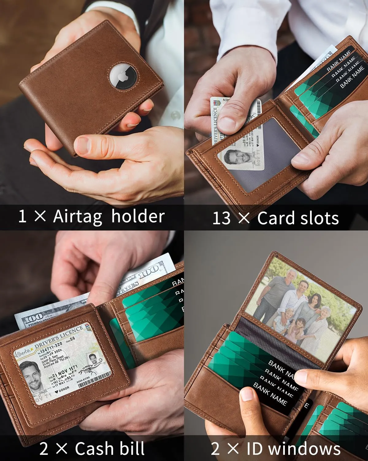AirTag Wallet for Men Genuine Leather Bifold Wallet with AirTag Holder RFID Blocking Wallet With 2 ID Window and 12 Cards Holders Gift Box (Airtag Not included) (Caramel Brown)