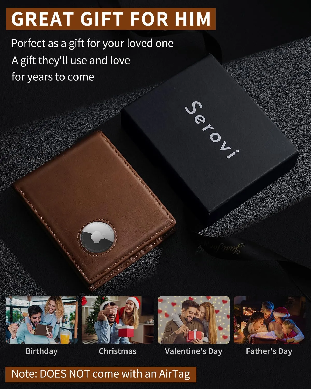 AirTag Wallet for Men Genuine Leather Bifold Wallet with AirTag Holder RFID Blocking Wallet With 2 ID Window and 12 Cards Holders Gift Box (Airtag Not included) (Caramel Brown)