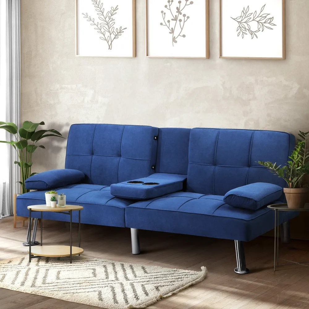 ALANA Sofa Bed 3 Seater with Cup Holder Velvet Blue