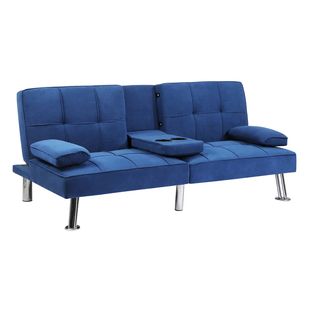 ALANA Sofa Bed 3 Seater with Cup Holder Velvet Blue