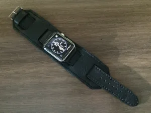 Apple Watch 49mm 45mm 44mm Watch Band, Black Genuine Leather Smartwatch Band, iWatch Series 6 Straps, Samsung Galaxy Watch Band