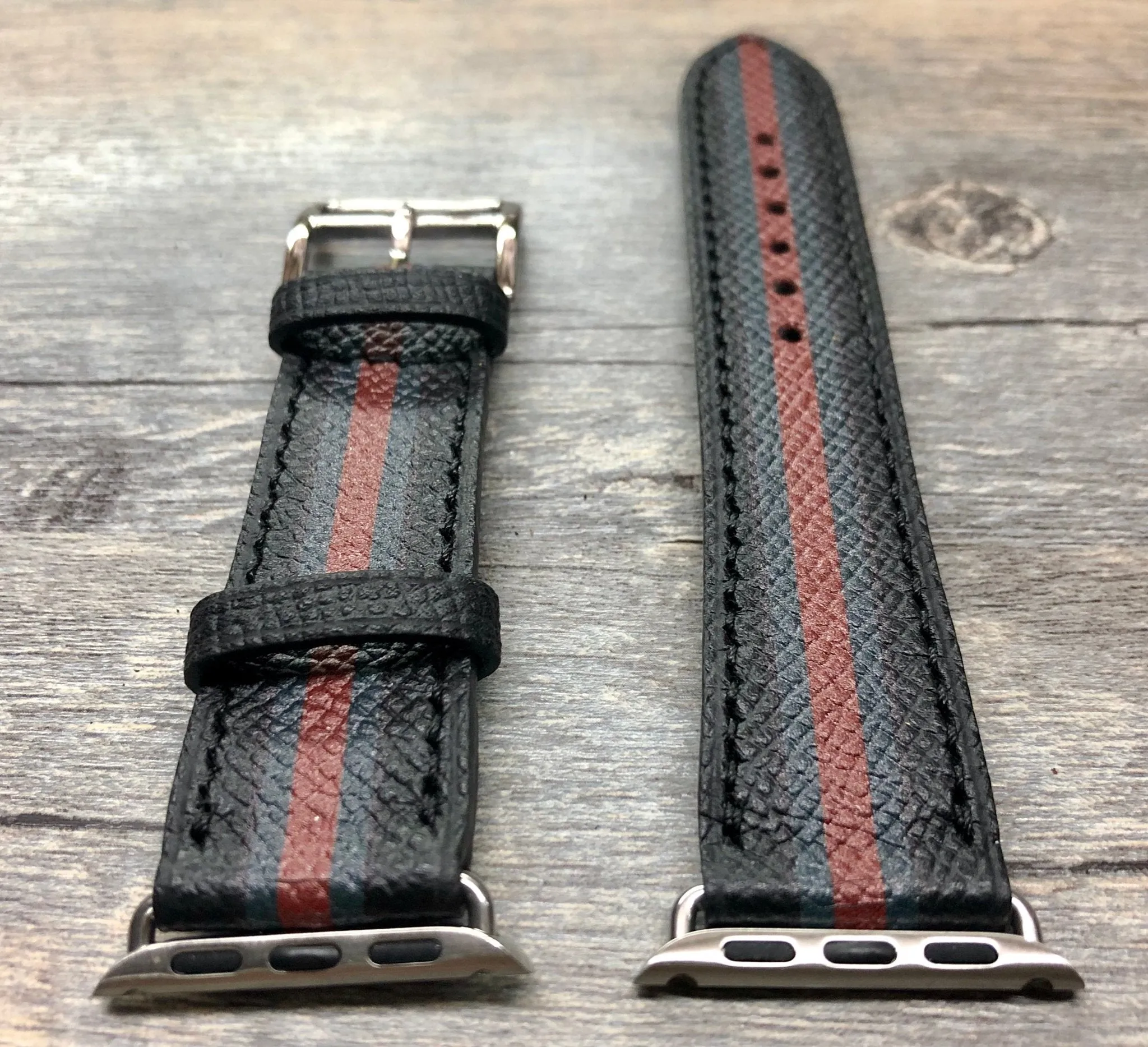 Apple Watch Stainless Steel Series 5 44mm Watch Band, Apple Watch 40mm Watch Band, Apple Watch Band Gucci Pattern, Black Leather Watch Strap, iWatch, Personalise Gift idea