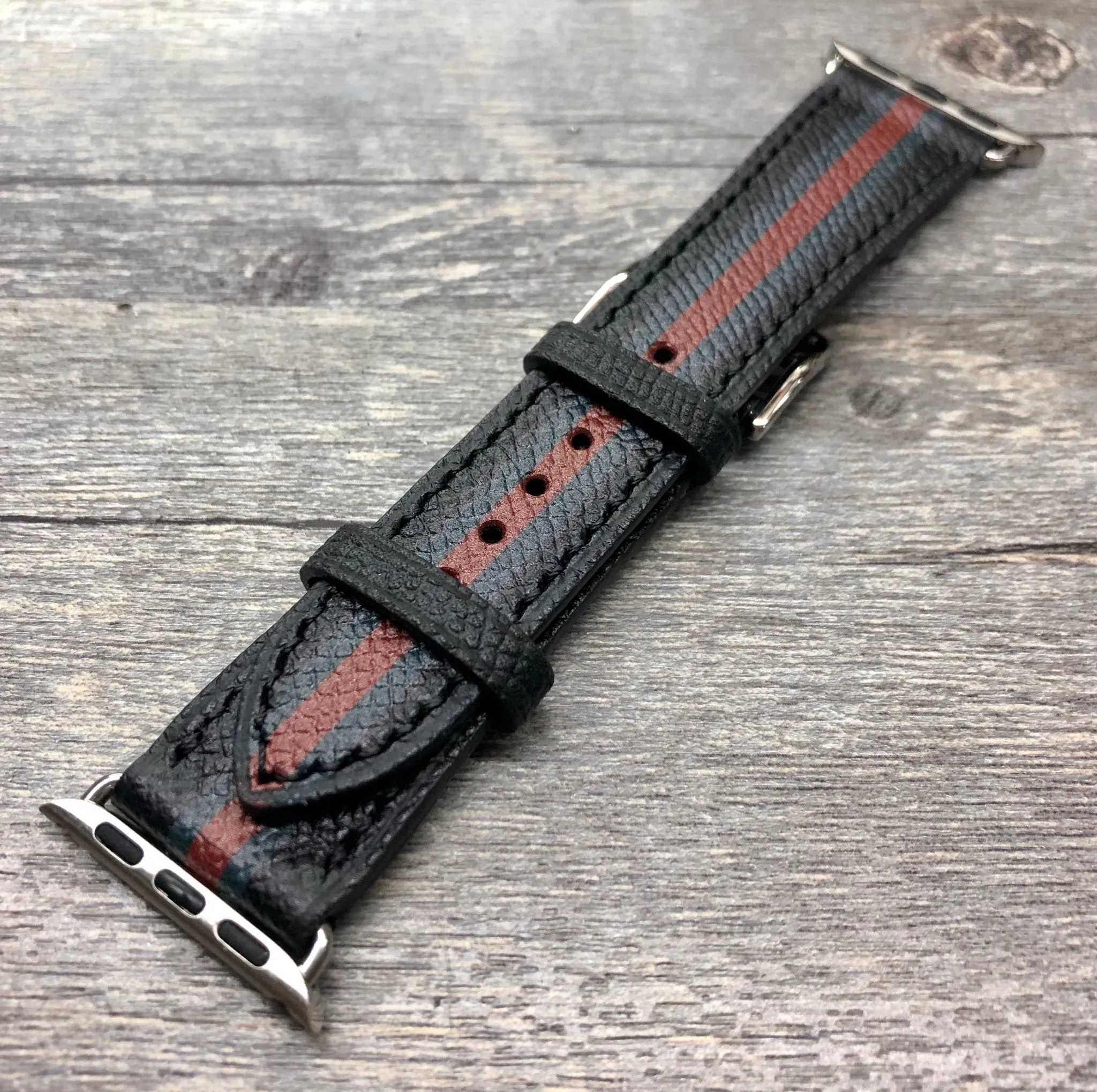 Apple Watch Stainless Steel Series 5 44mm Watch Band, Apple Watch 40mm Watch Band, Apple Watch Band Gucci Pattern, Black Leather Watch Strap, iWatch, Personalise Gift idea