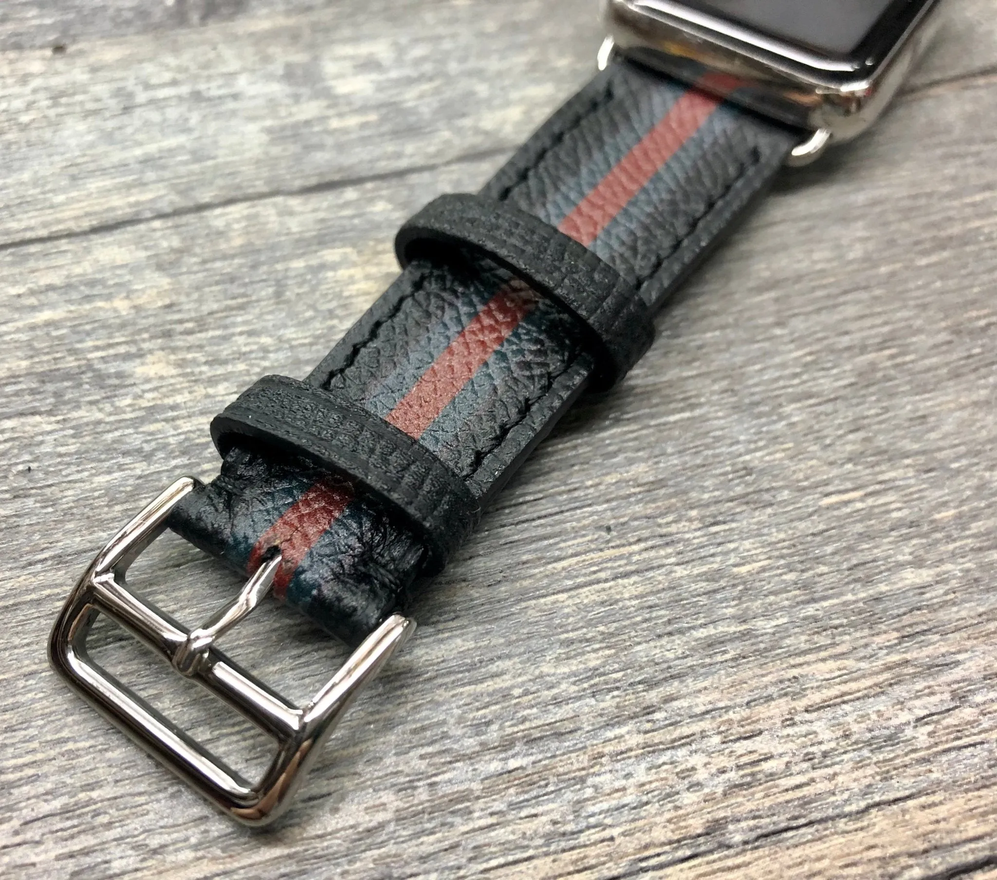 Apple Watch Stainless Steel Series 5 44mm Watch Band, Apple Watch 40mm Watch Band, Apple Watch Band Gucci Pattern, Black Leather Watch Strap, iWatch, Personalise Gift idea