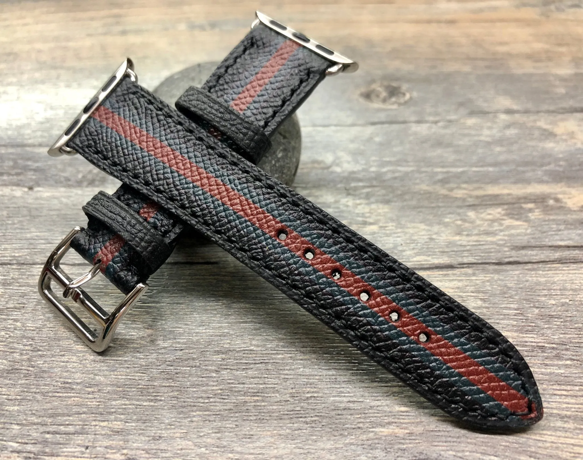 Apple Watch Stainless Steel Series 5 44mm Watch Band, Apple Watch 40mm Watch Band, Apple Watch Band Gucci Pattern, Black Leather Watch Strap, iWatch, Personalise Gift idea