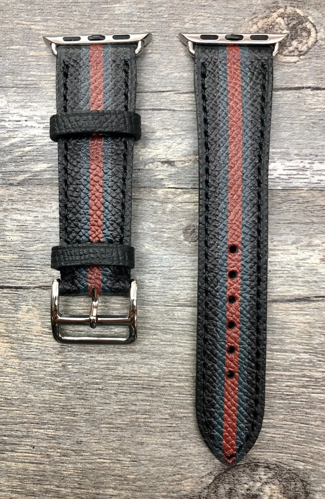 Apple Watch Stainless Steel Series 5 44mm Watch Band, Apple Watch 40mm Watch Band, Apple Watch Band Gucci Pattern, Black Leather Watch Strap, iWatch, Personalise Gift idea