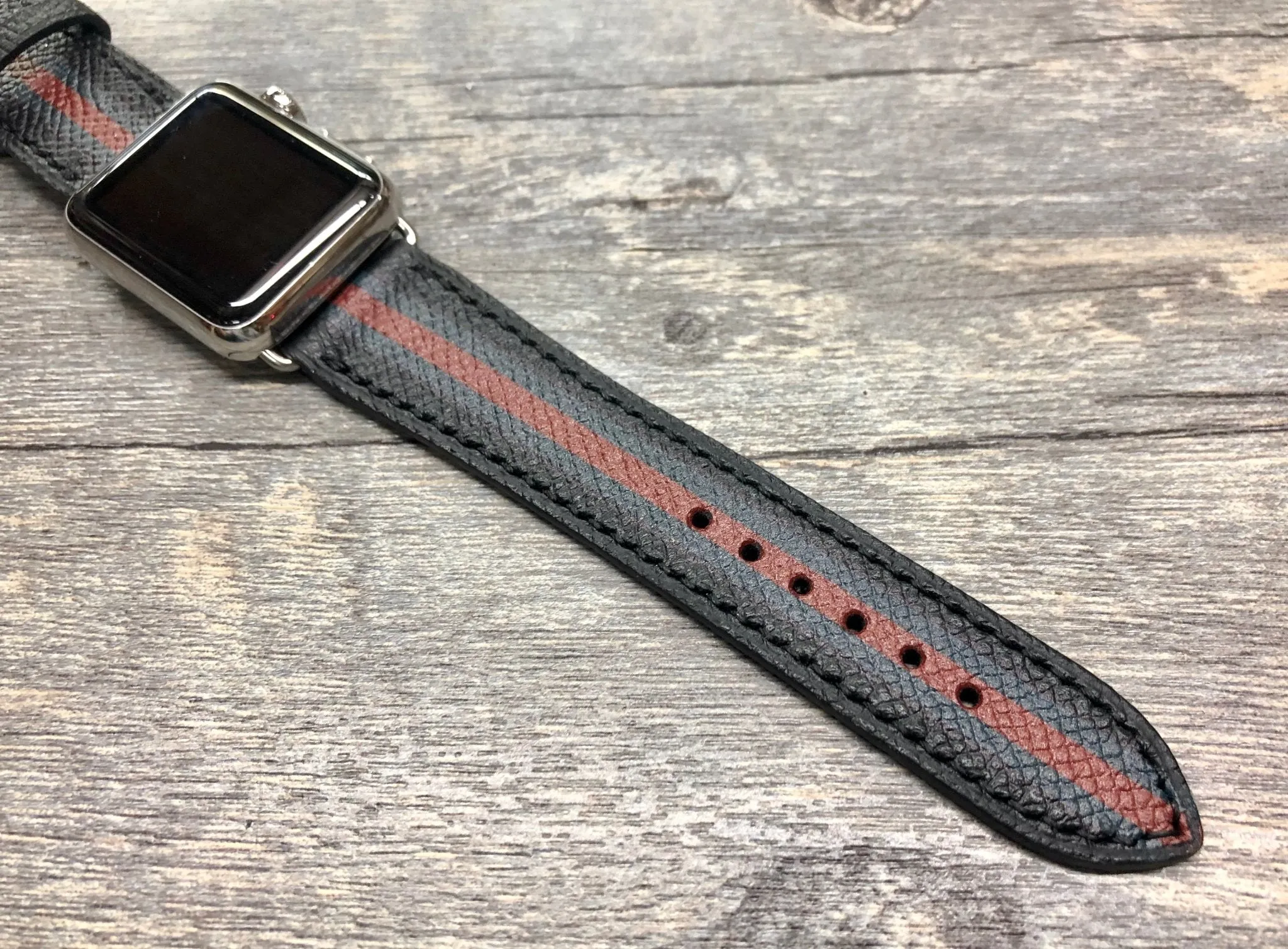 Apple Watch Stainless Steel Series 5 44mm Watch Band, Apple Watch 40mm Watch Band, Apple Watch Band Gucci Pattern, Black Leather Watch Strap, iWatch, Personalise Gift idea