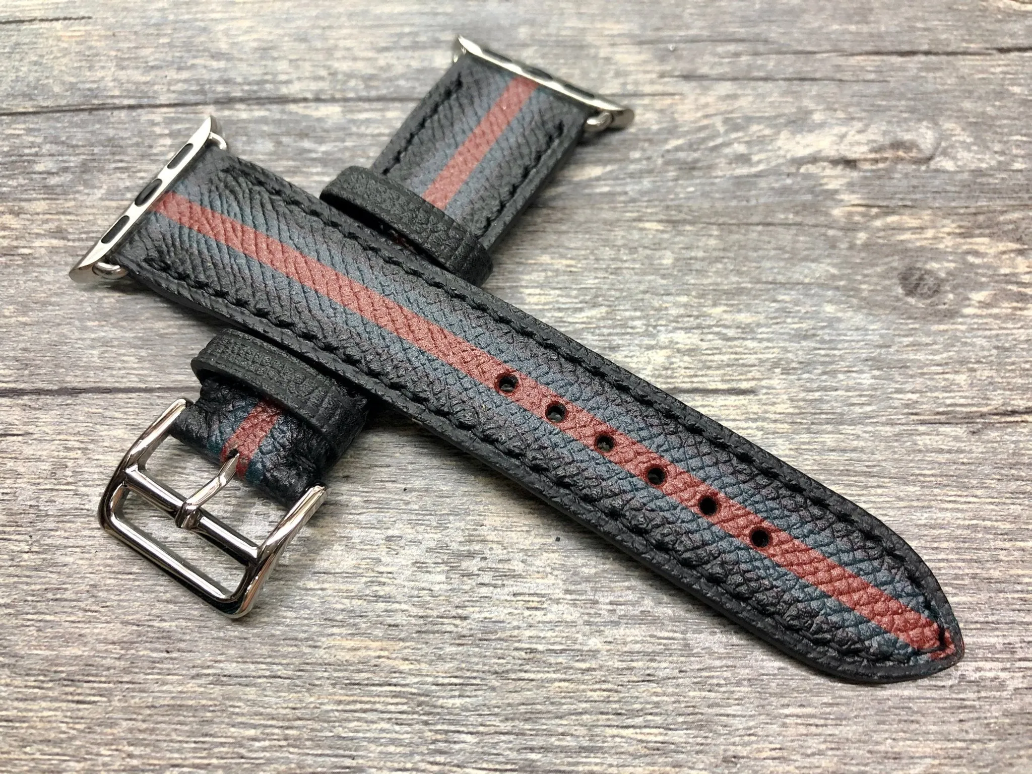Apple Watch Stainless Steel Series 5 44mm Watch Band, Apple Watch 40mm Watch Band, Apple Watch Band Gucci Pattern, Black Leather Watch Strap, iWatch, Personalise Gift idea