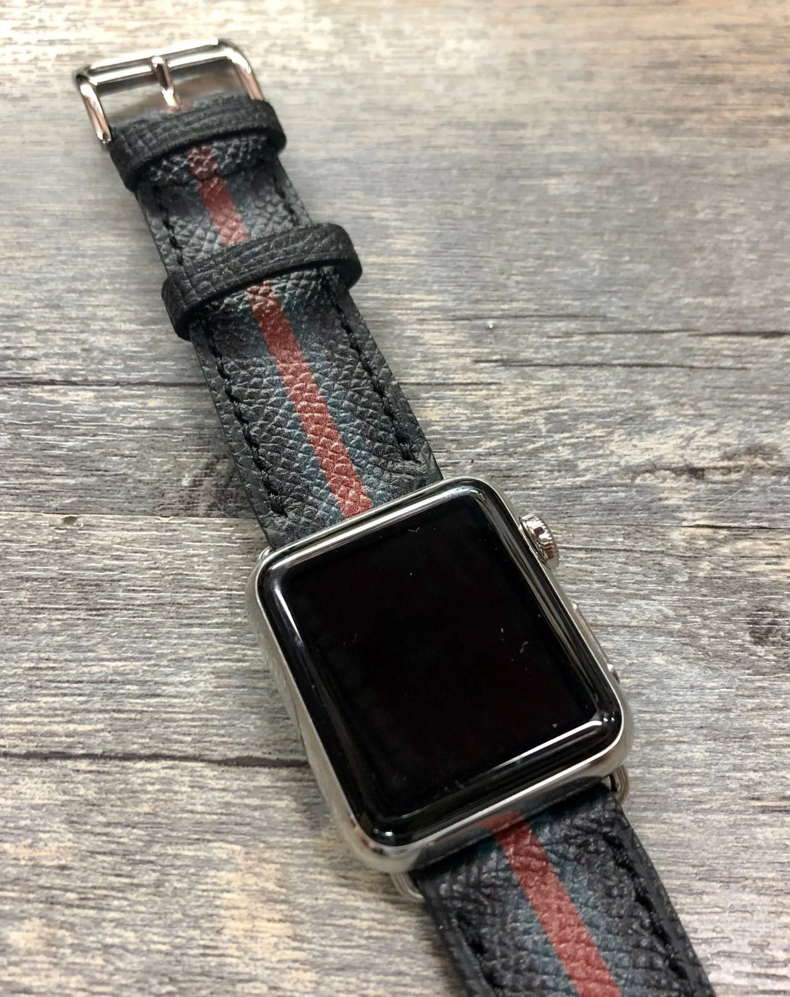 Apple Watch Stainless Steel Series 5 44mm Watch Band, Apple Watch 40mm Watch Band, Apple Watch Band Gucci Pattern, Black Leather Watch Strap, iWatch, Personalise Gift idea