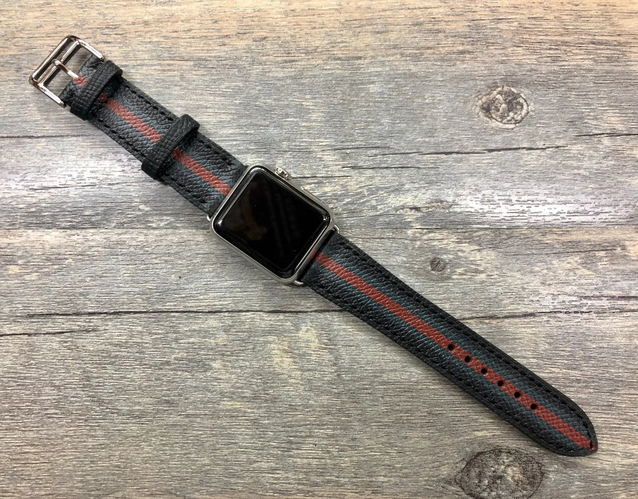 Apple Watch Stainless Steel Series 5 44mm Watch Band, Apple Watch 40mm Watch Band, Apple Watch Band Gucci Pattern, Black Leather Watch Strap, iWatch, Personalise Gift idea