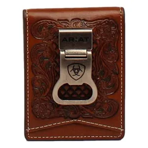 Ariat Men's Brown with Basketweave Tooling Bi-Fold Money Clip/Bottle Opener Wallet
