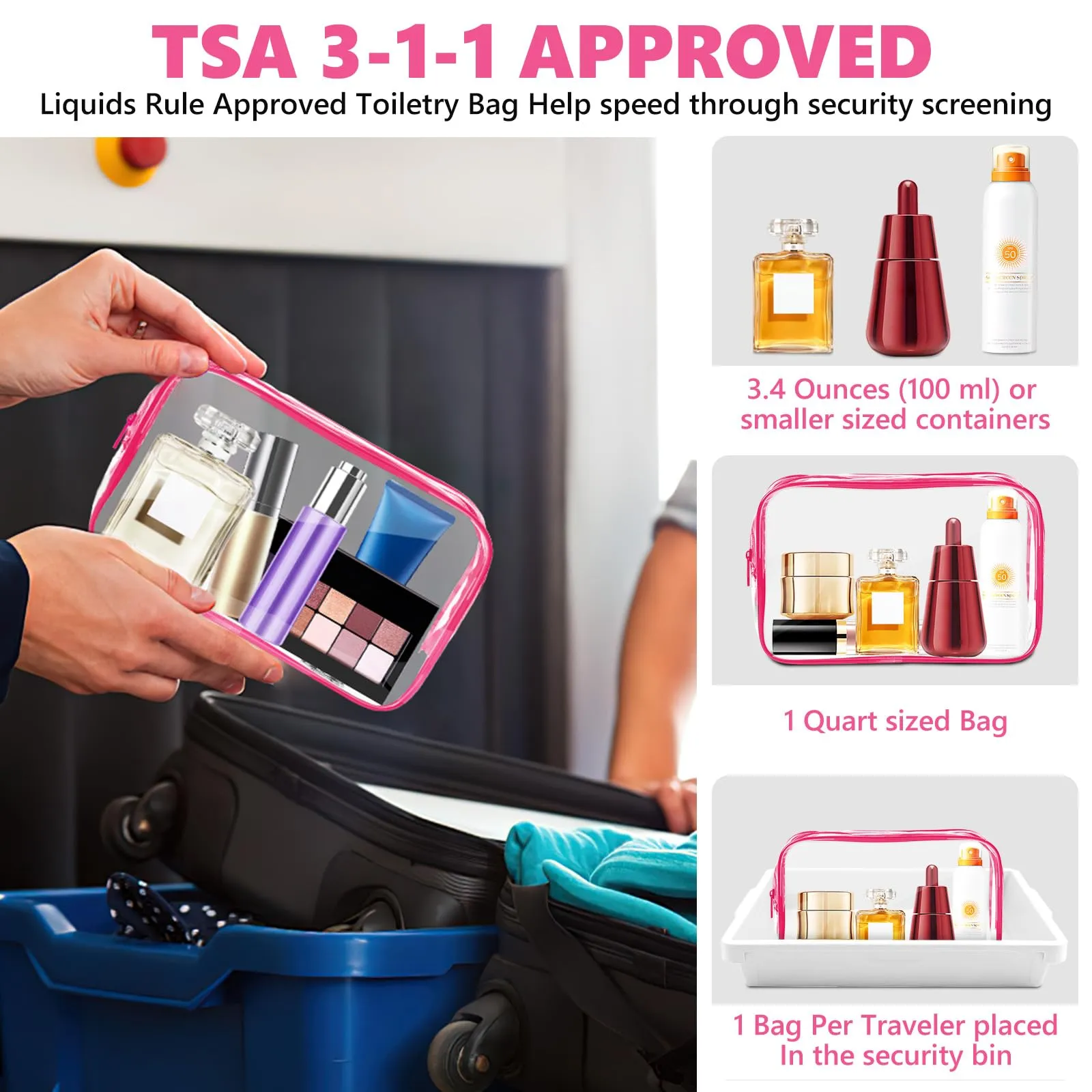 AURUZA 4 Pack Clear Toiletry Bag, Portable Travel Makeup Pouch with Zipper, TSA Approved Organizer, PVC Cosmetic for Airport Airline Compliant