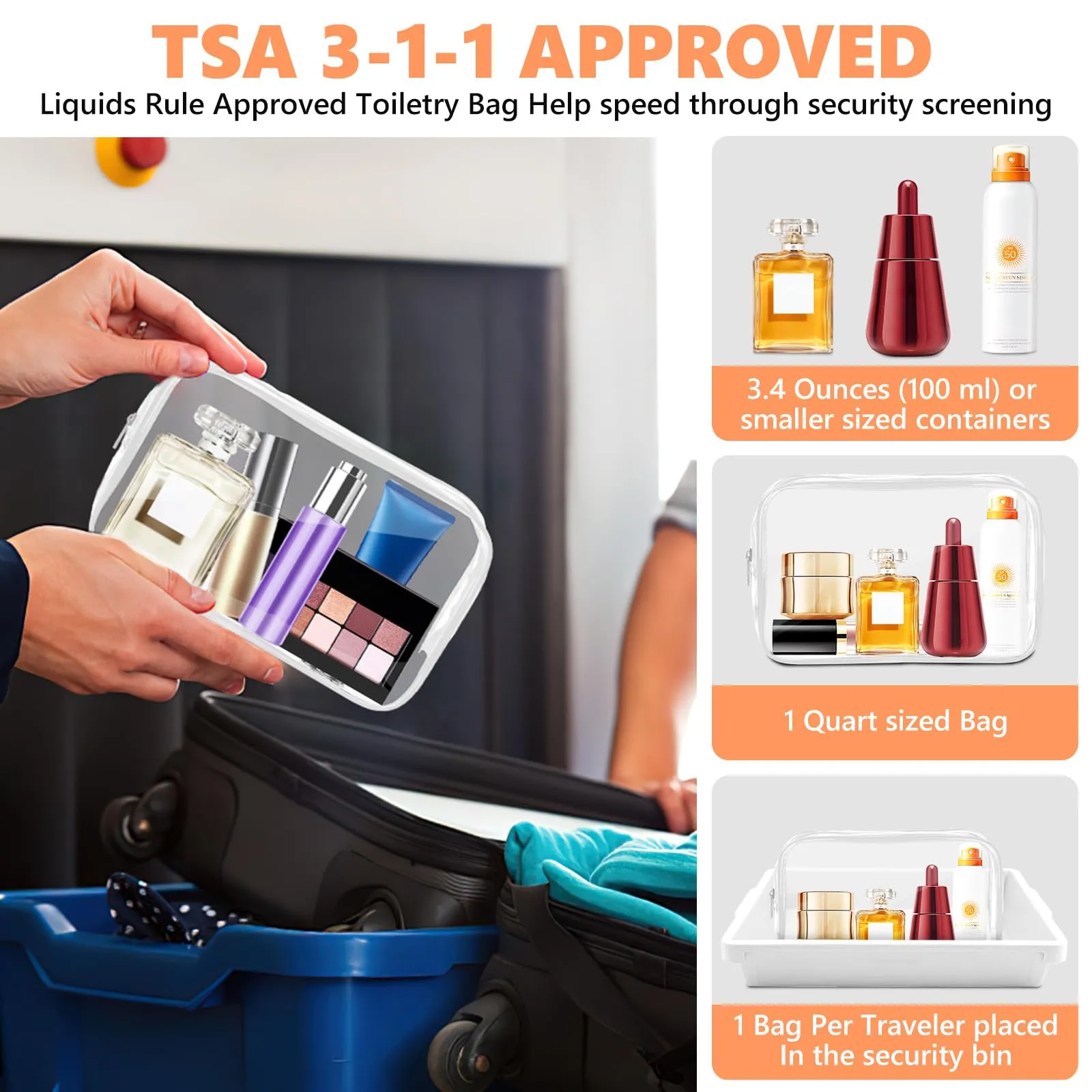 AURUZA 4 Pack Clear Toiletry Bag, Portable Travel Makeup Pouch with Zipper, TSA Approved Organizer, PVC Cosmetic for Airport Airline Compliant