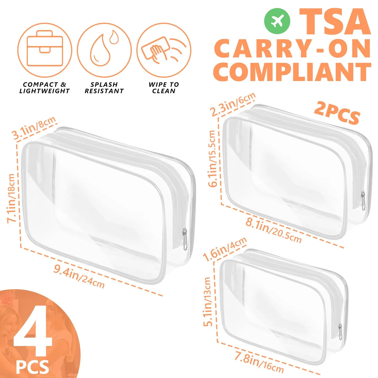 AURUZA 4 Pack Clear Toiletry Bag, Portable Travel Makeup Pouch with Zipper, TSA Approved Organizer, PVC Cosmetic for Airport Airline Compliant