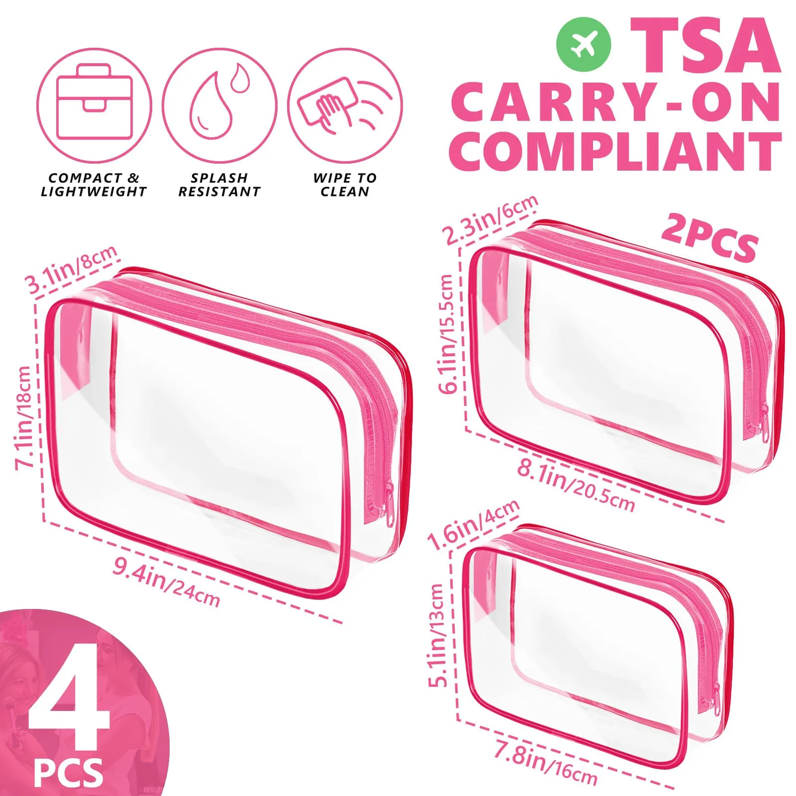 AURUZA 4 Pack Clear Toiletry Bag, Portable Travel Makeup Pouch with Zipper, TSA Approved Organizer, PVC Cosmetic for Airport Airline Compliant