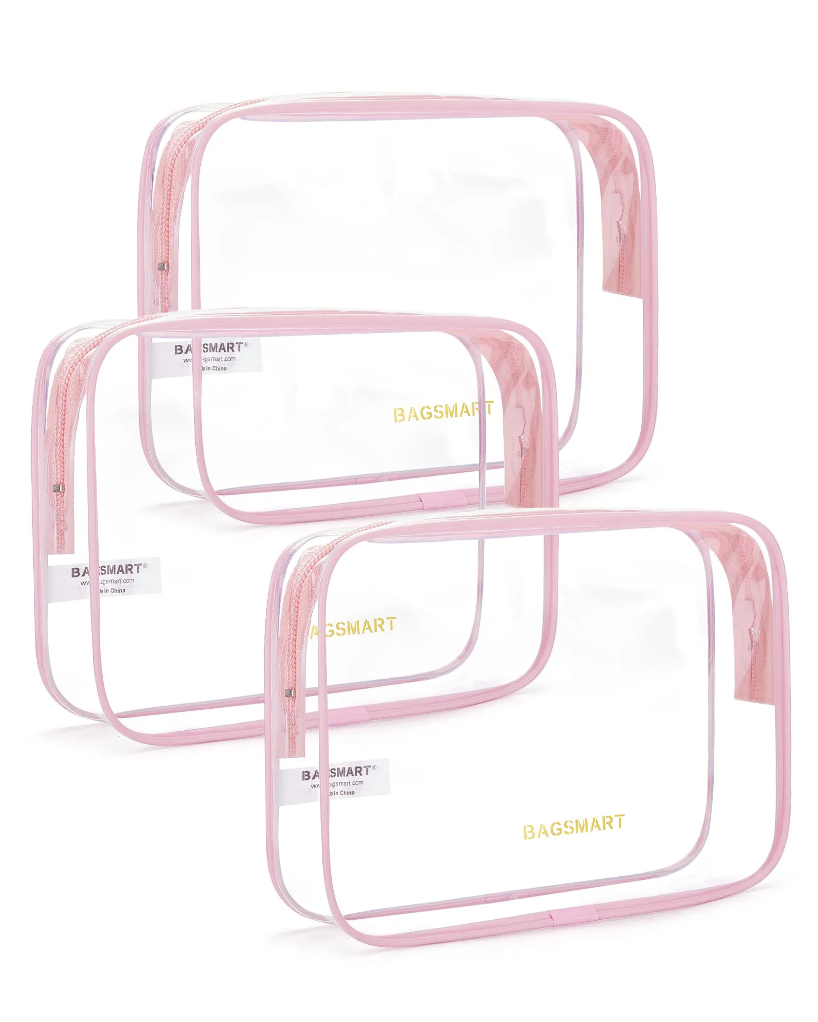 BAGSMART Clear Toiletry Bag, 3 Packs TSA Approved Water-resistant Quart Size Travel Organizer, Airport Airline Travel Essential Carry-On Makeup Cosmetic Bags for Women, Pink