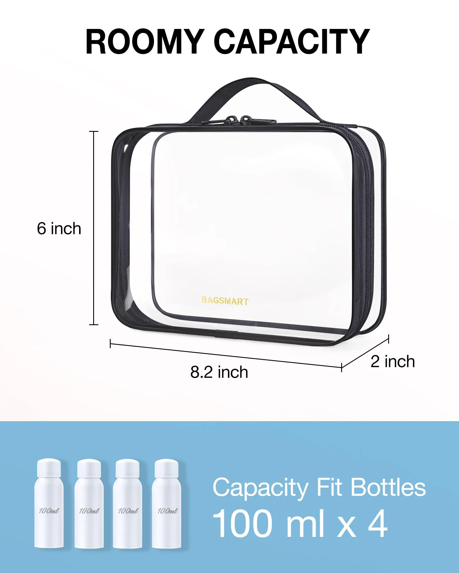 BAGSMART TSA Approved Clear Toiletry Bag, 2 Packs Quart Size Water Resistant Makeup Cosmetic Bags for Women, Airport Airline Travel Essential Carry On Organizer with Handle Large Opening, Black