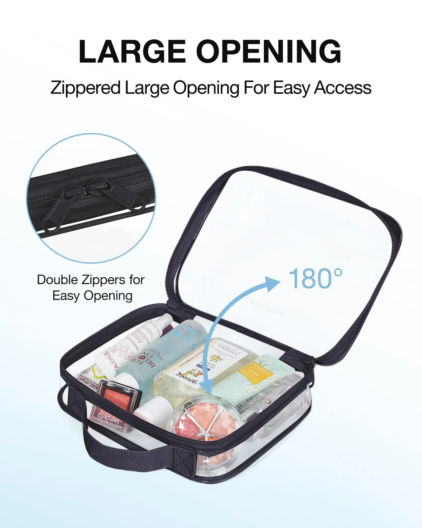 BAGSMART TSA Approved Clear Toiletry Bag, 2 Packs Quart Size Water Resistant Makeup Cosmetic Bags for Women, Airport Airline Travel Essential Carry On Organizer with Handle Large Opening, Black