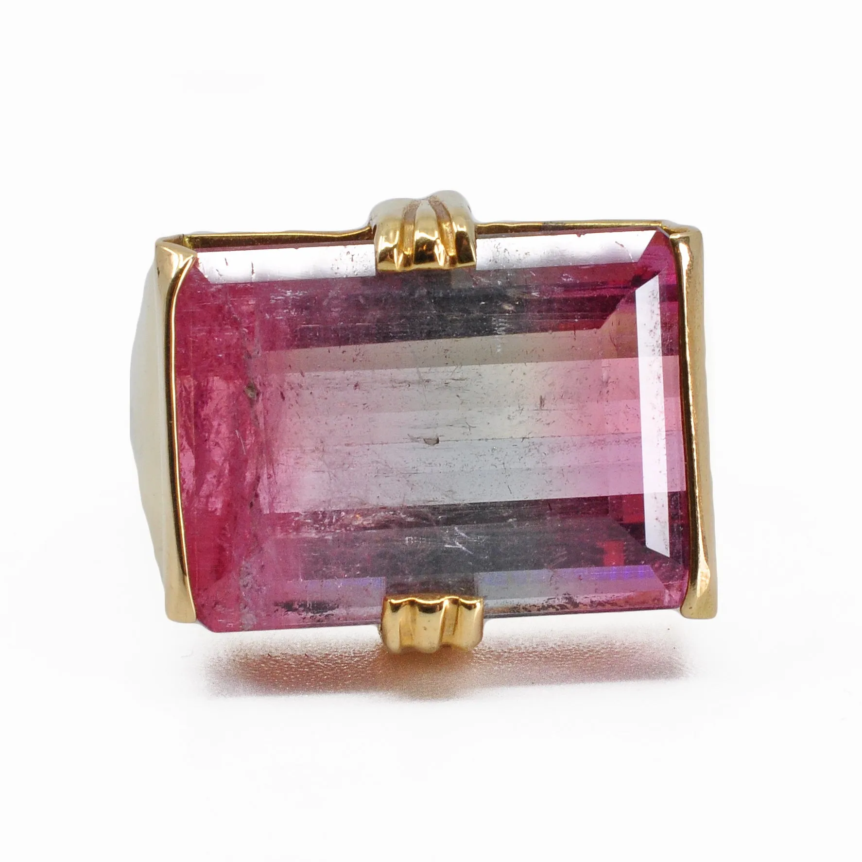 Bi-color Pink and Blue Tourmaline 17.05 mm 12.01 ct Faceted Rectangle 18K Handcrafted Gemstone Ring