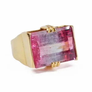 Bi-color Pink and Blue Tourmaline 17.05 mm 12.01 ct Faceted Rectangle 18K Handcrafted Gemstone Ring