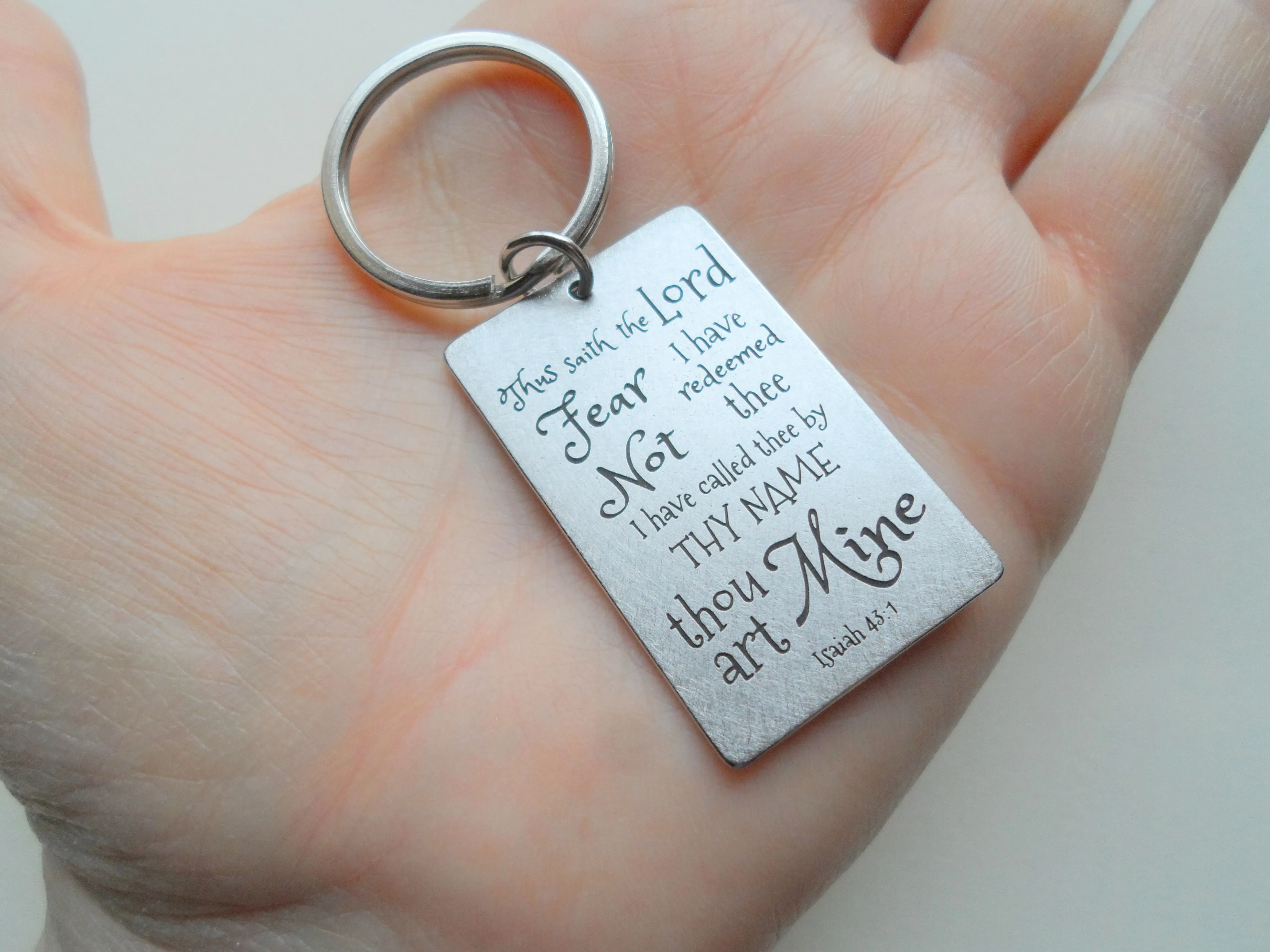 Bible Verse Isaiah 43:1 Fear Not Thou Art Mine Engraved Tag Keychain, Religious Keychain