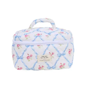 Blue Floral Cotton Cosmetic Organizer Bag