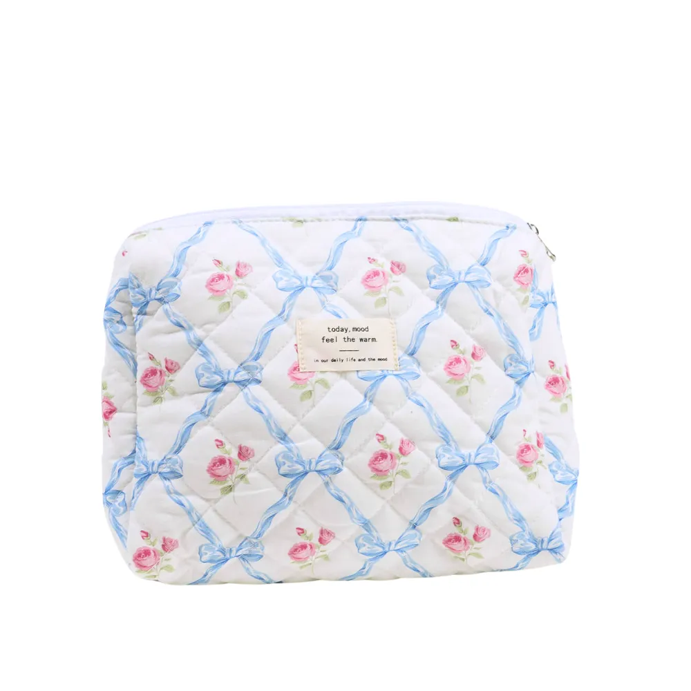 Blue Floral Cotton Cosmetic Organizer Bag
