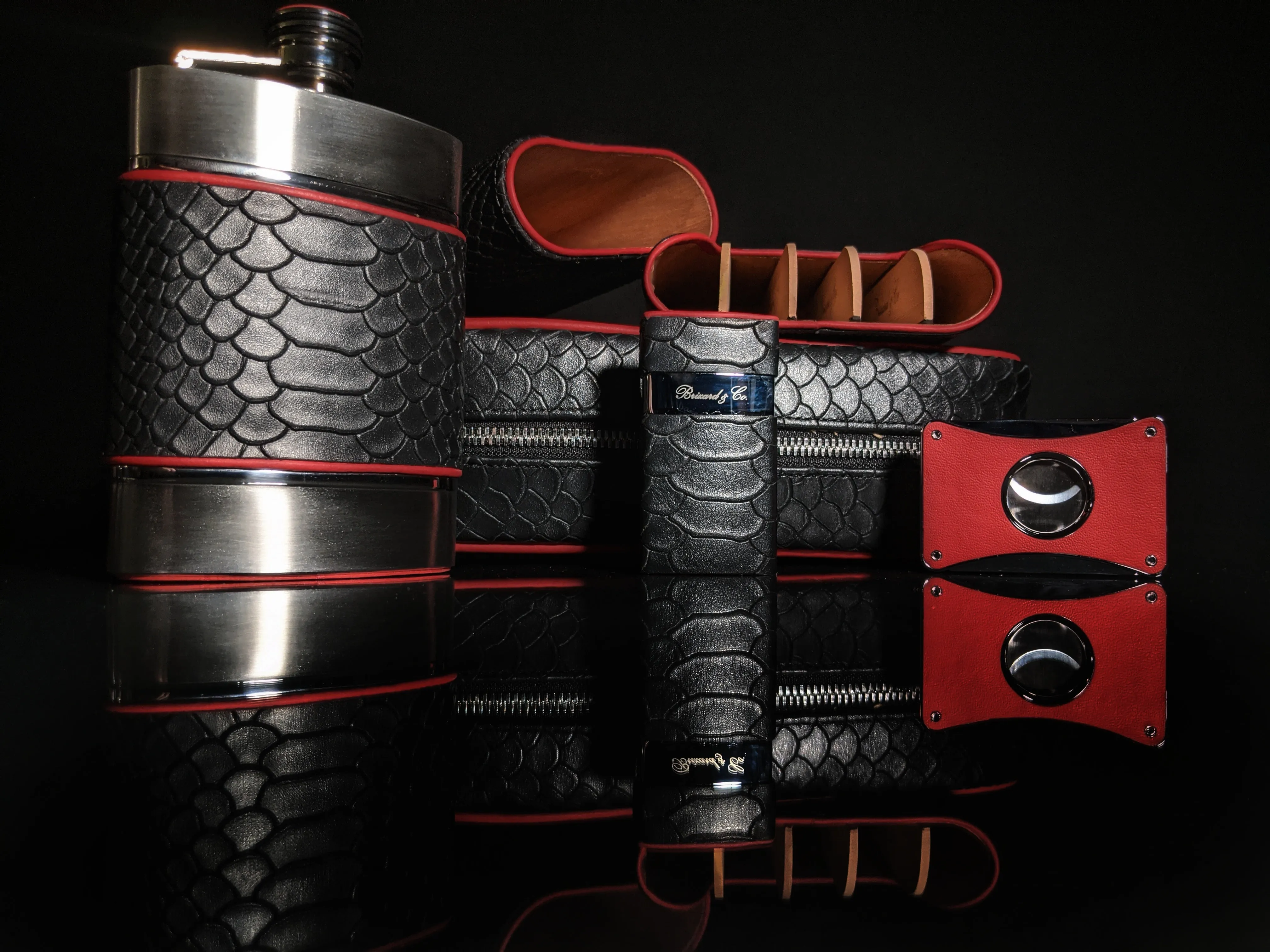 Brizard and Co Havana Traveler in Black Python Pattern and Red Leather Combo