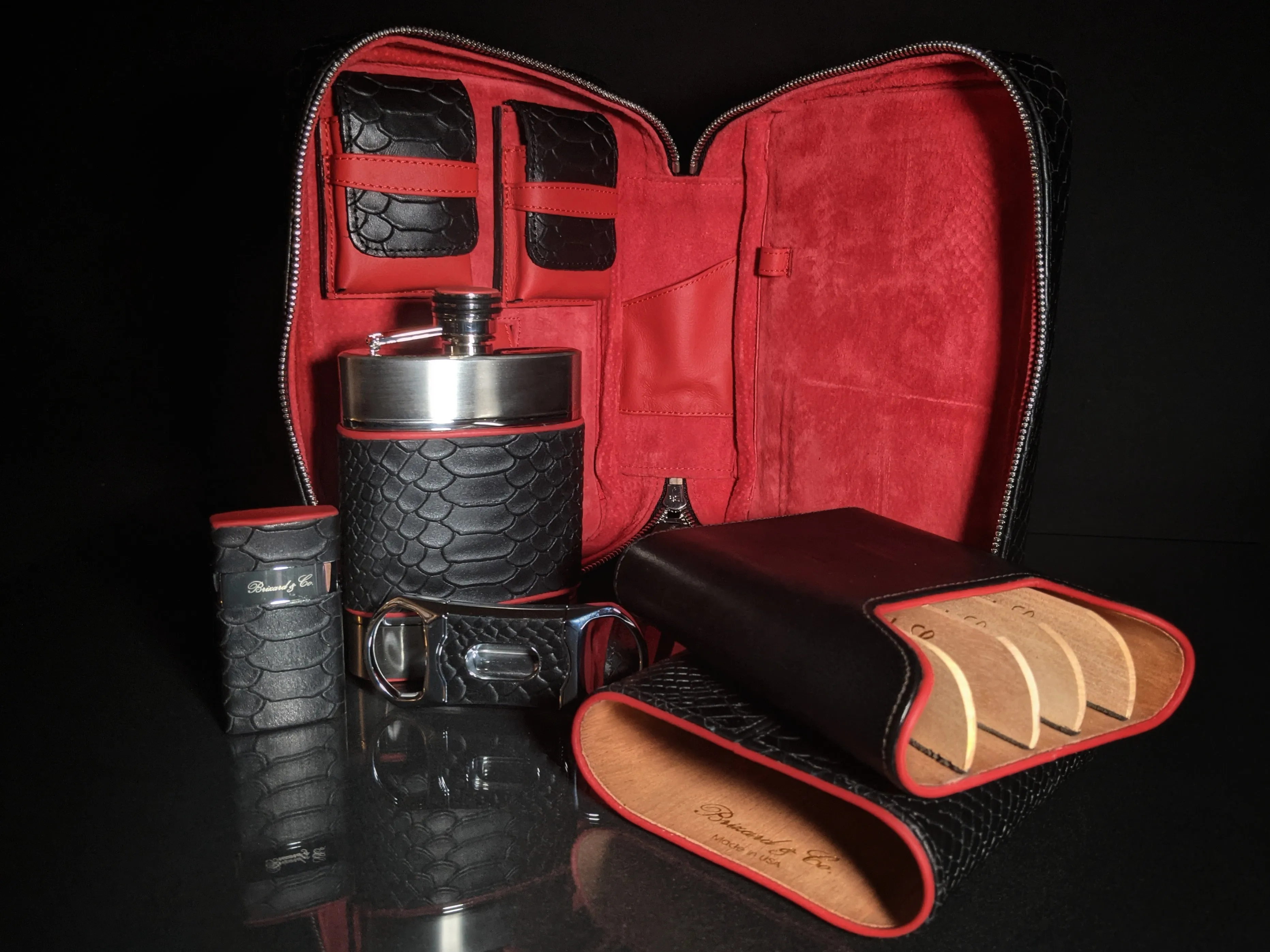 Brizard and Co Havana Traveler in Black Python Pattern and Red Leather Combo