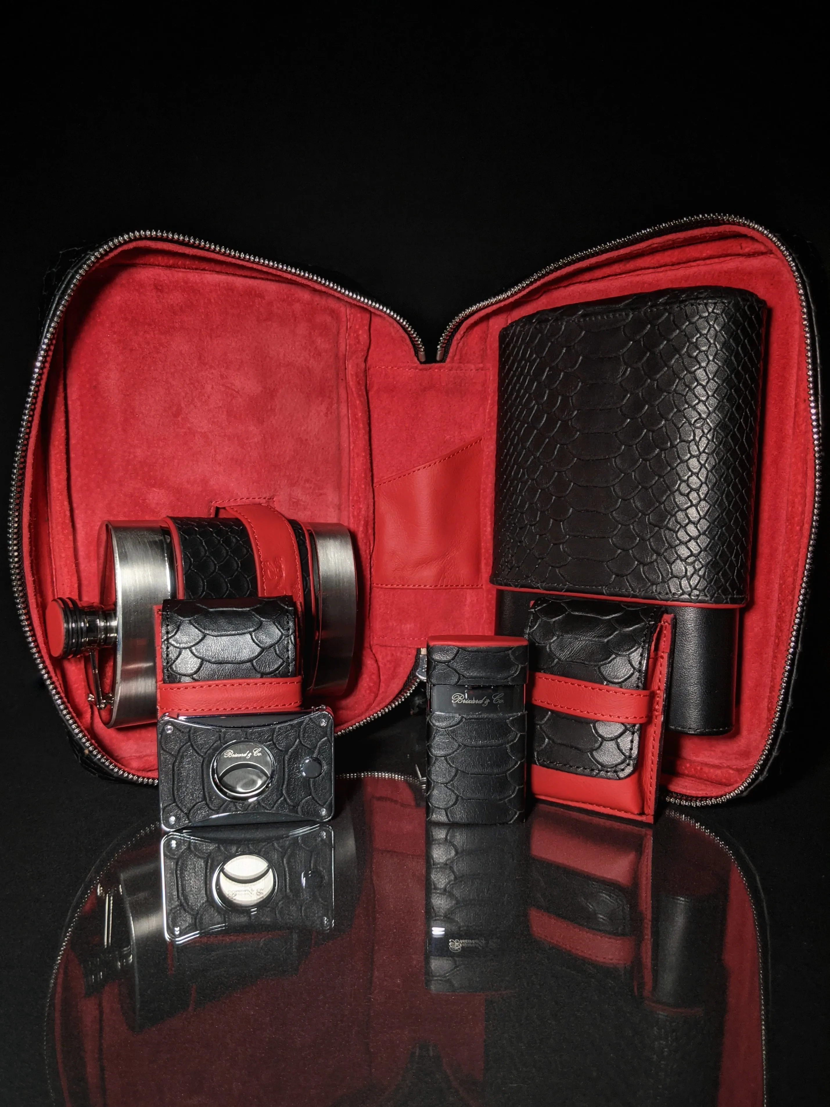 Brizard and Co Havana Traveler in Black Python Pattern and Red Leather Combo