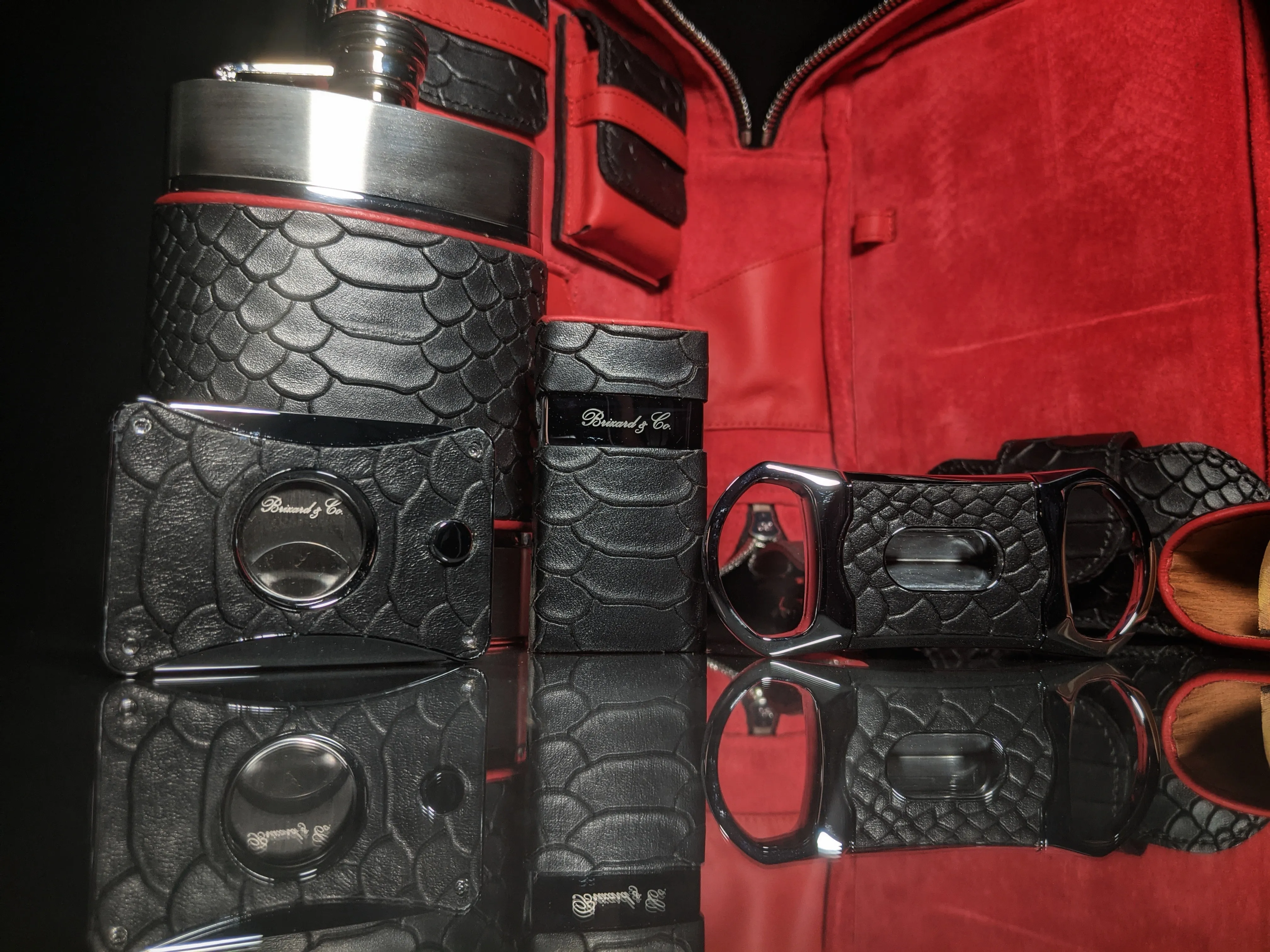 Brizard and Co Havana Traveler in Black Python Pattern and Red Leather Combo