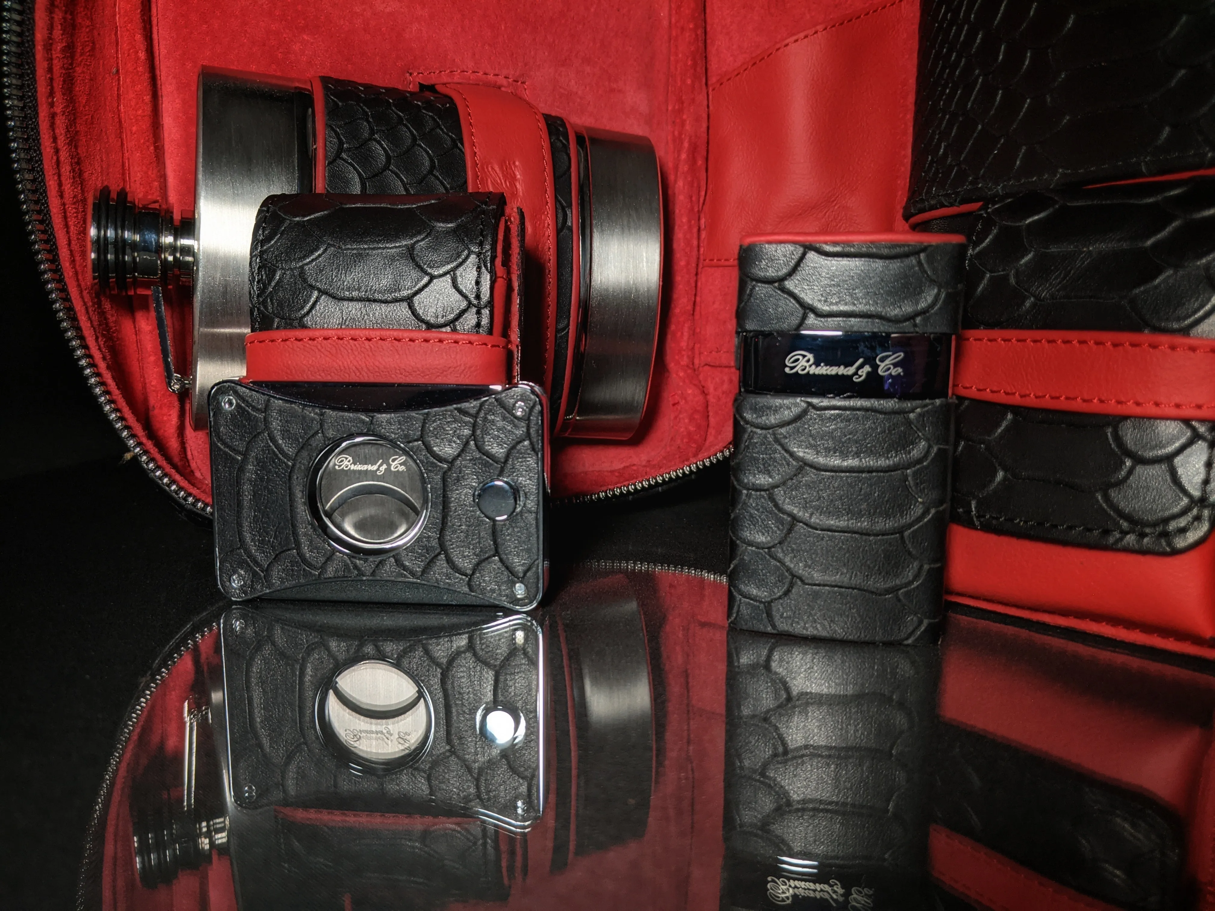 Brizard and Co Havana Traveler in Black Python Pattern and Red Leather Combo