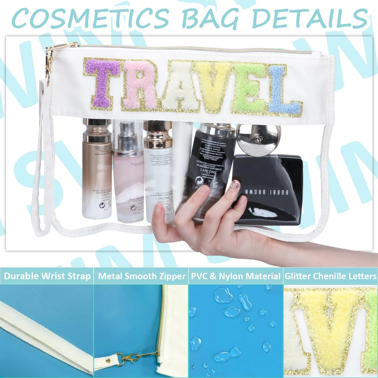 BuyCard 2 Pcs Chenille Letter Patch Clear Travel Bags, Preppy PVC&Nylon Makeup Bag with Zipper, Waterproof Clear Travel Toiletry Bag Storage Bag for Women Girls