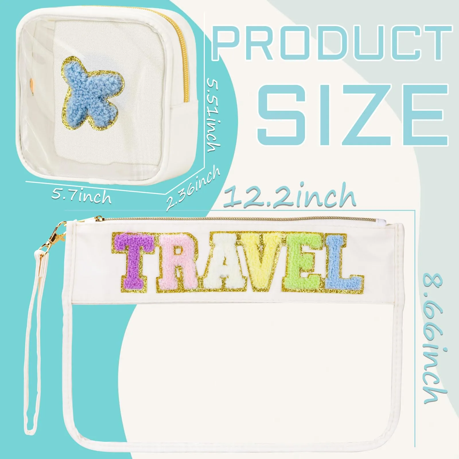 BuyCard 2 Pcs Chenille Letter Patch Clear Travel Bags, Preppy PVC&Nylon Makeup Bag with Zipper, Waterproof Clear Travel Toiletry Bag Storage Bag for Women Girls