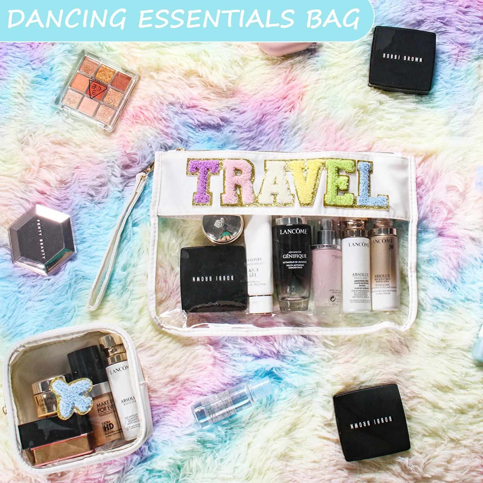 BuyCard 2 Pcs Chenille Letter Patch Clear Travel Bags, Preppy PVC&Nylon Makeup Bag with Zipper, Waterproof Clear Travel Toiletry Bag Storage Bag for Women Girls