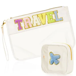 BuyCard 2 Pcs Chenille Letter Patch Clear Travel Bags, Preppy PVC&Nylon Makeup Bag with Zipper, Waterproof Clear Travel Toiletry Bag Storage Bag for Women Girls