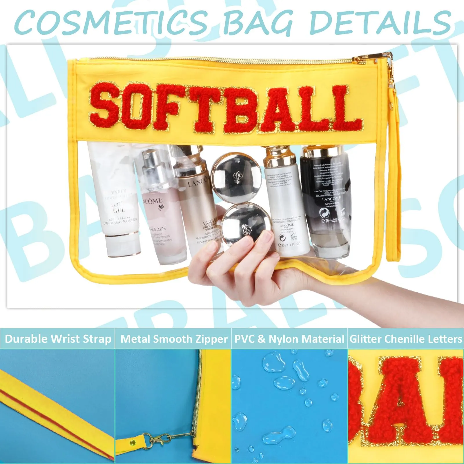BuyCard 2 Pcs Softball Gifts Makeup Bag with Chenille Letter Patch, Clear Cosmetic Pouch PVC Organizer Purse, Waterproof Travel Bag, Portable Toiletry Storage Bag for Her Girls Friends Women