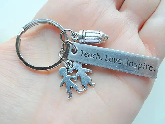 Children & Pencil Charm Keychain with "Teach Love Inspire" Engraved Tag; School Volunteer and Teacher Appreciation Keychain