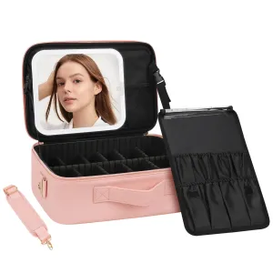 Chomeiu Makeup Bag with LED Mirror, Travel Cosmetic Train Case for Women, Makeup Artists Large Organizer Box with Vanity Light Up Mirror, 3 Color Lights, Adjustable Dividers & Shoulder Strap (Black)