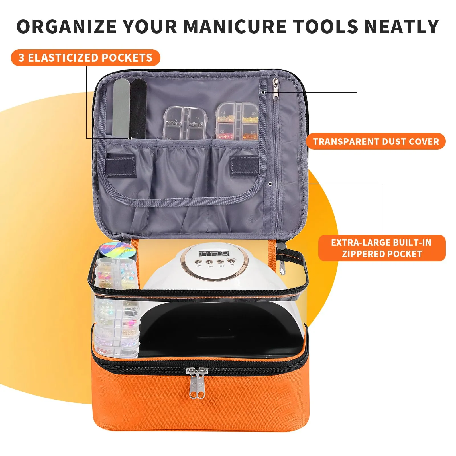 Clear Nail Polish Organizer, Double-Layer Nail Polish Bag Organizer Case Holds 30 Bottles and Nail Dryer, Nail Organizers and Storage for Manicure Tools-Orange