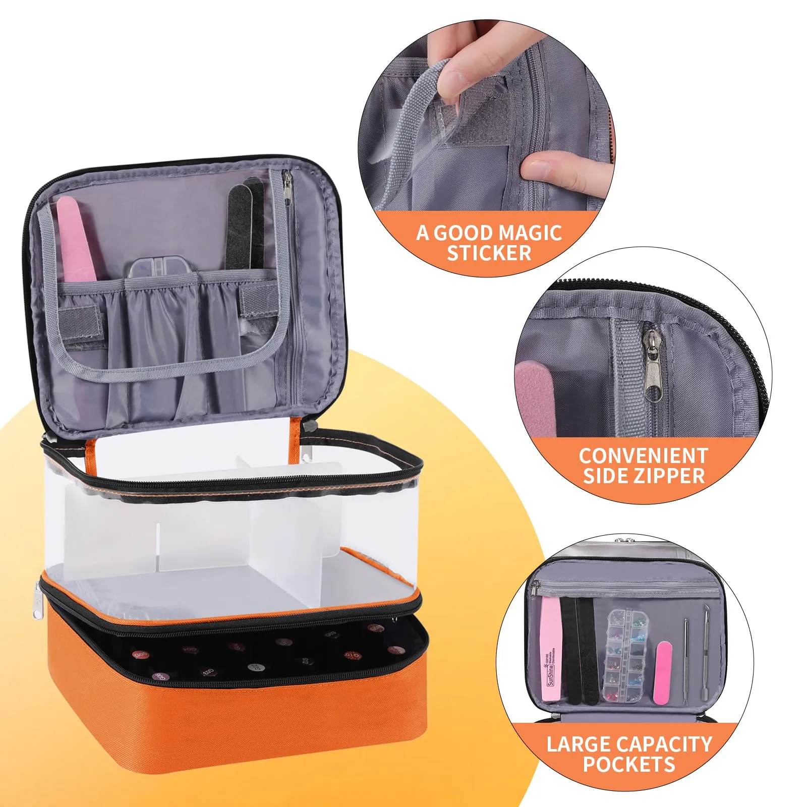 Clear Nail Polish Organizer, Double-Layer Nail Polish Bag Organizer Case Holds 30 Bottles and Nail Dryer, Nail Organizers and Storage for Manicure Tools-Orange
