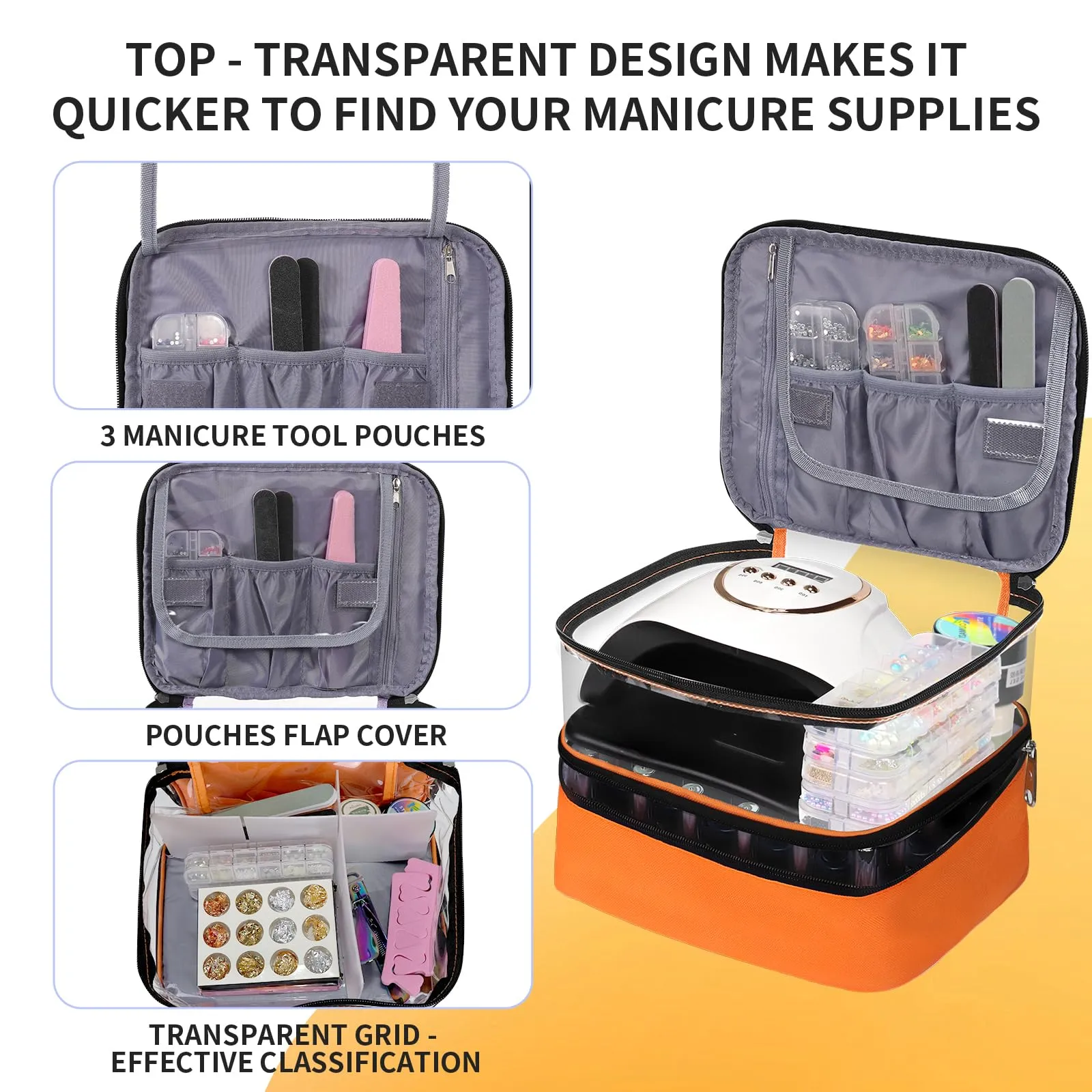 Clear Nail Polish Organizer, Double-Layer Nail Polish Bag Organizer Case Holds 30 Bottles and Nail Dryer, Nail Organizers and Storage for Manicure Tools-Orange