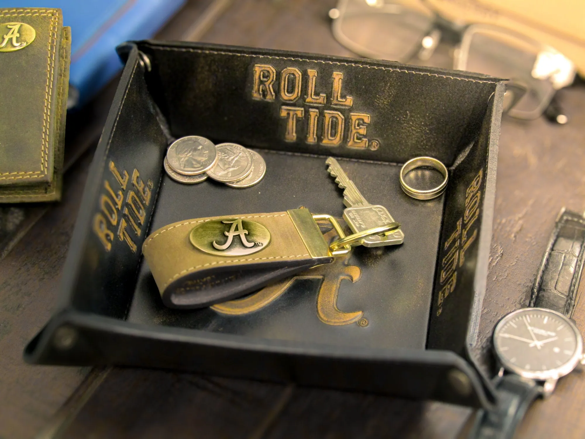 Collegiate Leather Key Fob. Crazyhorse Full Grain Leather With Antique Brass Logo. Texas Longhorns, TAM Aggies, Georgia Southern, LSU Tigers