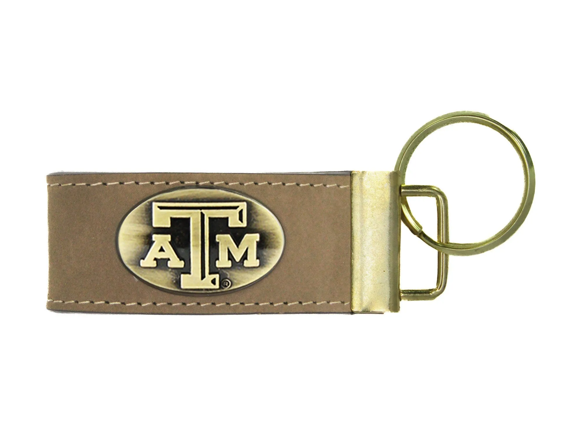 Collegiate Leather Key Fob. Crazyhorse Full Grain Leather With Antique Brass Logo. Texas Longhorns, TAM Aggies, Georgia Southern, LSU Tigers